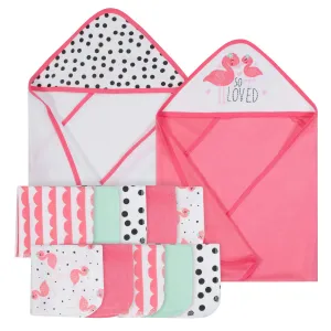 12-Piece Girls Terry Hooded Towel and Washcloth Set - Flamingo