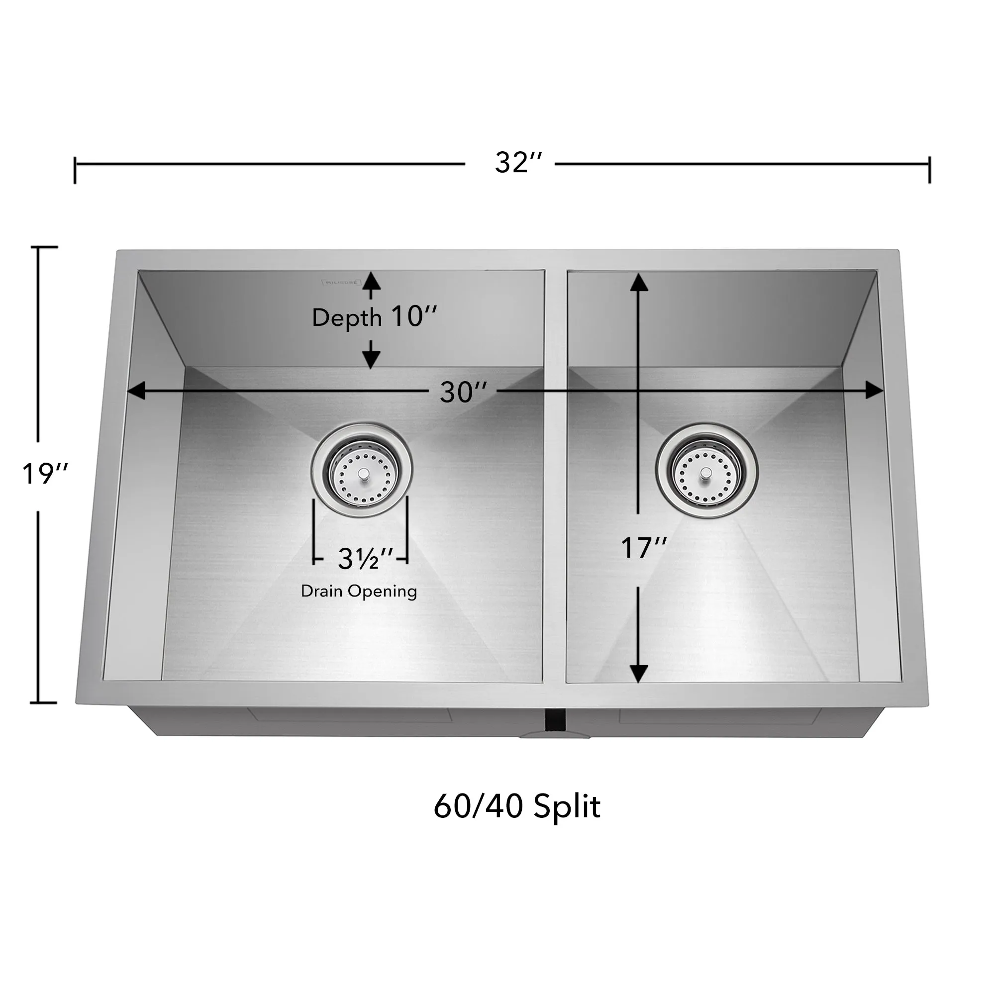 32" x 19" x 10" 16-Gauge Stainless Steel Kitchen Double Sink- Miligore