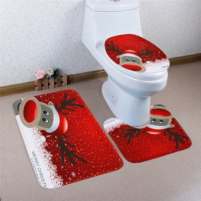 3Pcs/set Christmas Bathroom Bath Mats Anti Slip Pad Water Absorption Toilet Lid Cover Set Christmas Decoration For Home