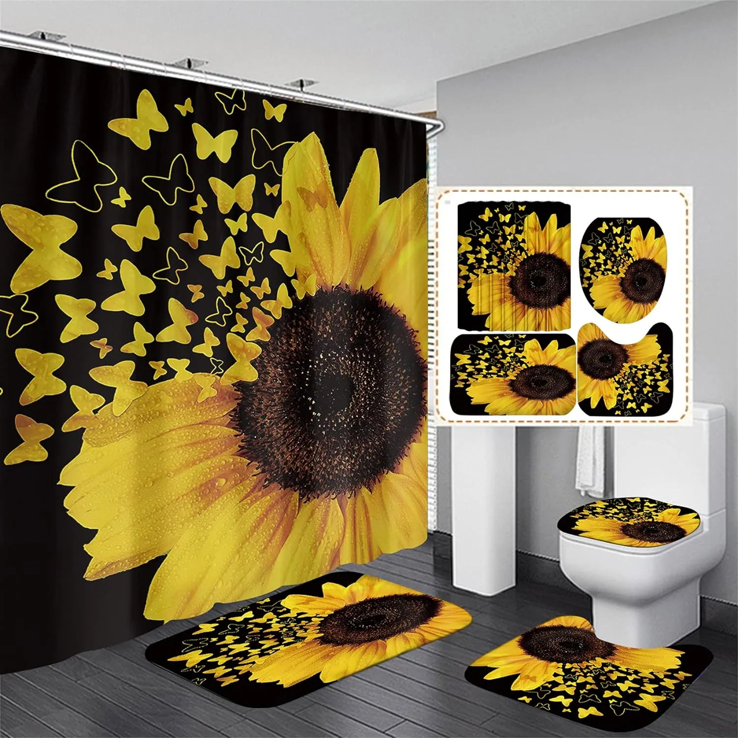 4 Piece Butterfly Sunflower Bathroom Sets Decor Accessories Bathroom