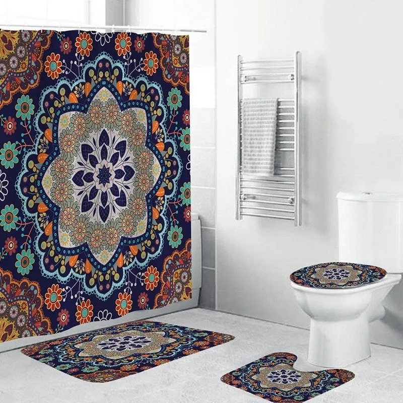 4pcs/set Shower Curtain Set Mandala Waterproof Non-Slip Floor Mat Rugs Set Toilet Cover Mat Bathroom Decor