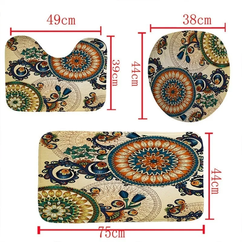 4pcs/set Shower Curtain Set Mandala Waterproof Non-Slip Floor Mat Rugs Set Toilet Cover Mat Bathroom Decor