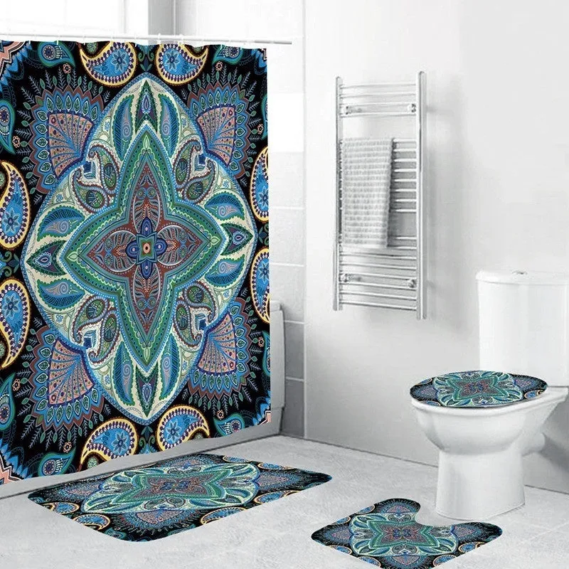 4pcs/set Shower Curtain Set Mandala Waterproof Non-Slip Floor Mat Rugs Set Toilet Cover Mat Bathroom Decor