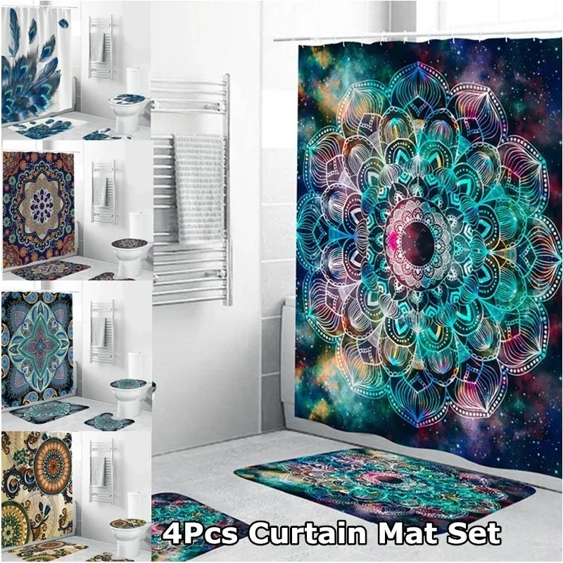 4pcs/set Shower Curtain Set Mandala Waterproof Non-Slip Floor Mat Rugs Set Toilet Cover Mat Bathroom Decor