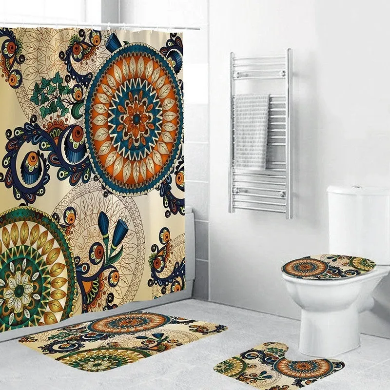 4pcs/set Shower Curtain Set Mandala Waterproof Non-Slip Floor Mat Rugs Set Toilet Cover Mat Bathroom Decor