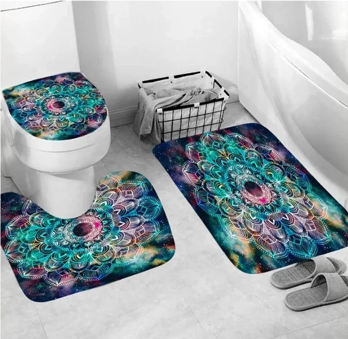 4pcs/set Shower Curtain Set Mandala Waterproof Non-Slip Floor Mat Rugs Set Toilet Cover Mat Bathroom Decor