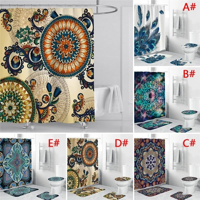 4pcs/set Shower Curtain Set Mandala Waterproof Non-Slip Floor Mat Rugs Set Toilet Cover Mat Bathroom Decor