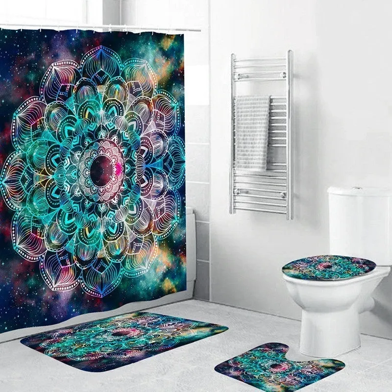 4pcs/set Shower Curtain Set Mandala Waterproof Non-Slip Floor Mat Rugs Set Toilet Cover Mat Bathroom Decor