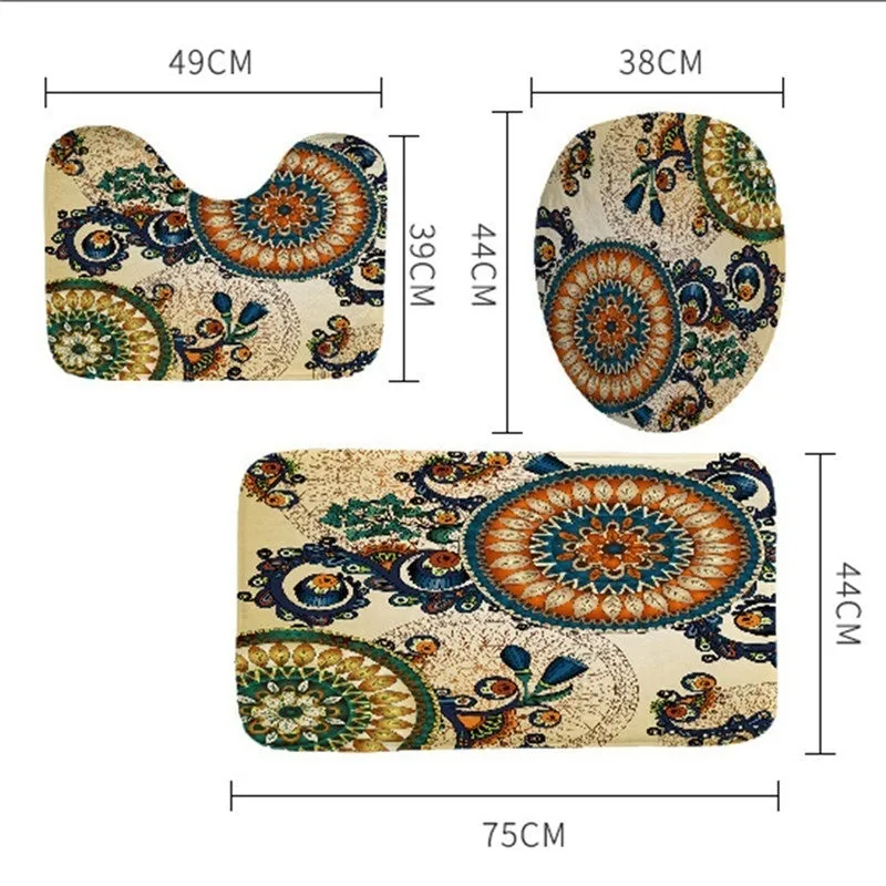 4pcs/set Shower Curtain Set Mandala Waterproof Non-Slip Floor Mat Rugs Set Toilet Cover Mat Bathroom Decor