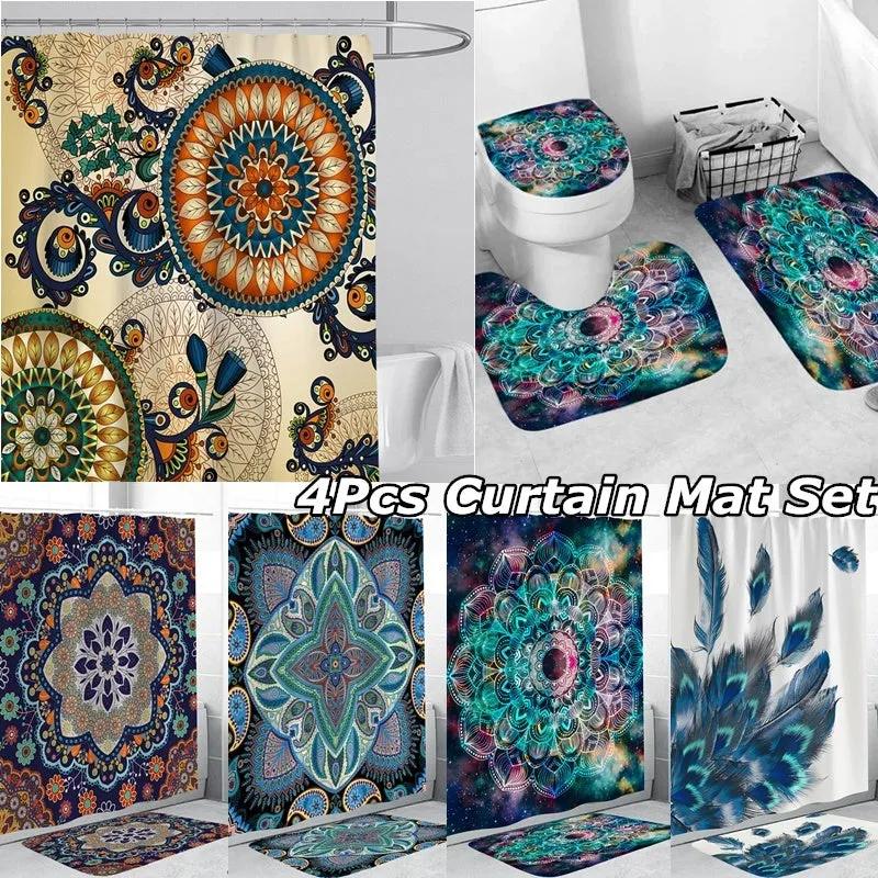 4pcs/set Shower Curtain Set Mandala Waterproof Non-Slip Floor Mat Rugs Set Toilet Cover Mat Bathroom Decor