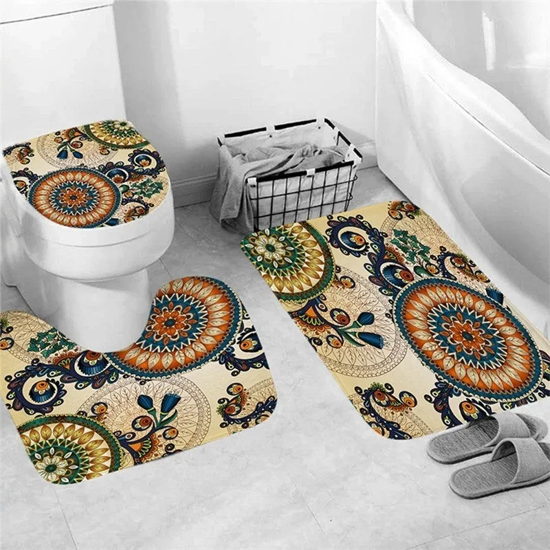 4pcs/set Shower Curtain Set Mandala Waterproof Non-Slip Floor Mat Rugs Set Toilet Cover Mat Bathroom Decor