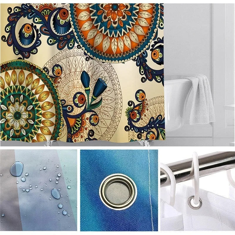 4pcs/set Shower Curtain Set Mandala Waterproof Non-Slip Floor Mat Rugs Set Toilet Cover Mat Bathroom Decor