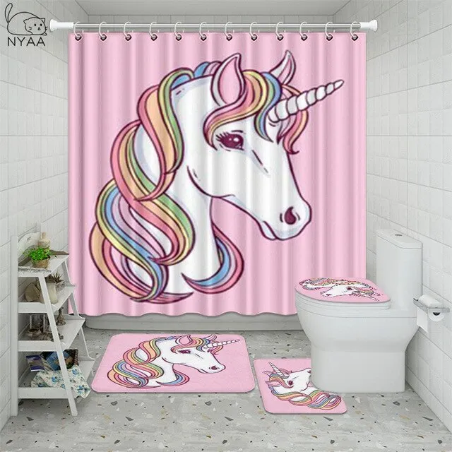 4Pcs/Set Unicorn Golden Mane Flower Wreath Anti Slip Bathroom Rugs Set Waterproof Shower Curtain Mats Toilet Cover Bath Decor