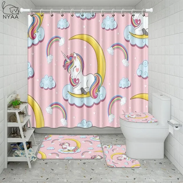 4Pcs/Set Unicorn Golden Mane Flower Wreath Anti Slip Bathroom Rugs Set Waterproof Shower Curtain Mats Toilet Cover Bath Decor