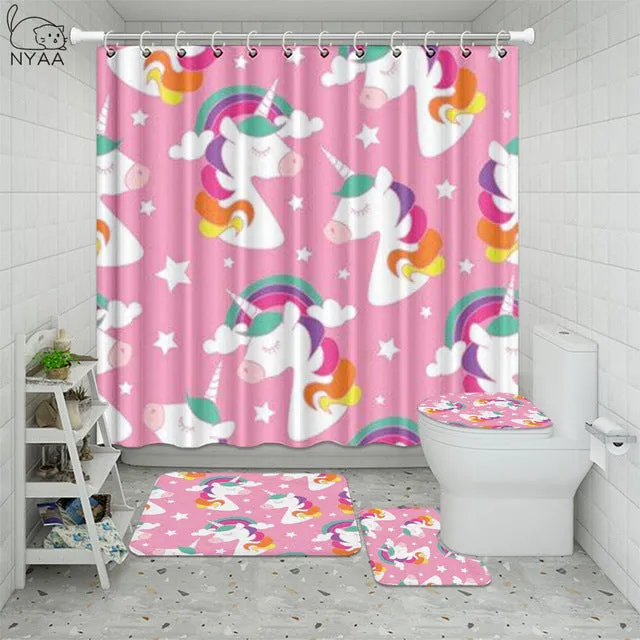 4Pcs/Set Unicorn Golden Mane Flower Wreath Anti Slip Bathroom Rugs Set Waterproof Shower Curtain Mats Toilet Cover Bath Decor