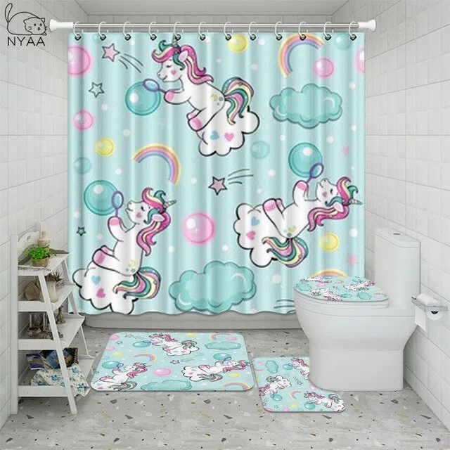 4Pcs/Set Unicorn Golden Mane Flower Wreath Anti Slip Bathroom Rugs Set Waterproof Shower Curtain Mats Toilet Cover Bath Decor