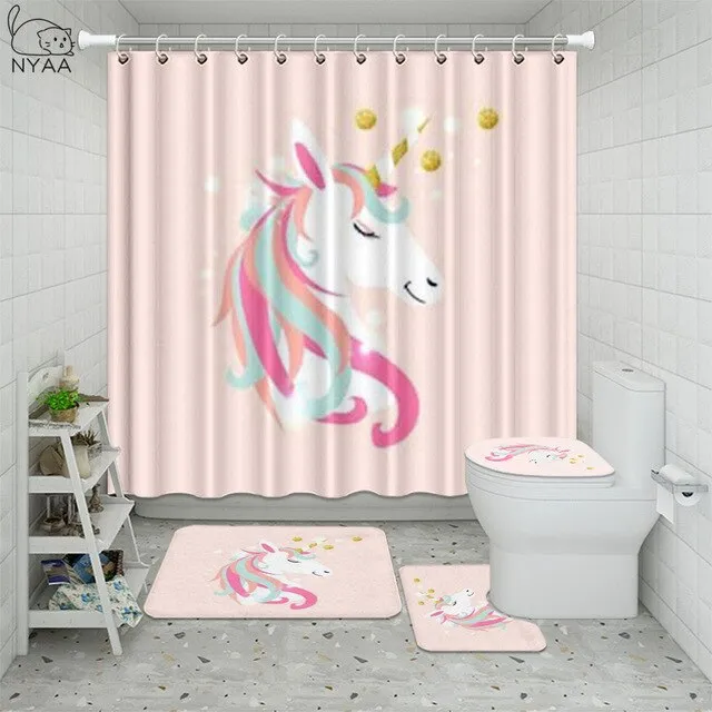 4Pcs/Set Unicorn Golden Mane Flower Wreath Anti Slip Bathroom Rugs Set Waterproof Shower Curtain Mats Toilet Cover Bath Decor