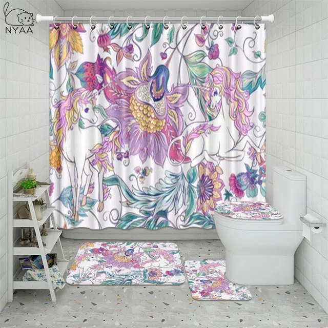 4Pcs/Set Unicorn Golden Mane Flower Wreath Anti Slip Bathroom Rugs Set Waterproof Shower Curtain Mats Toilet Cover Bath Decor