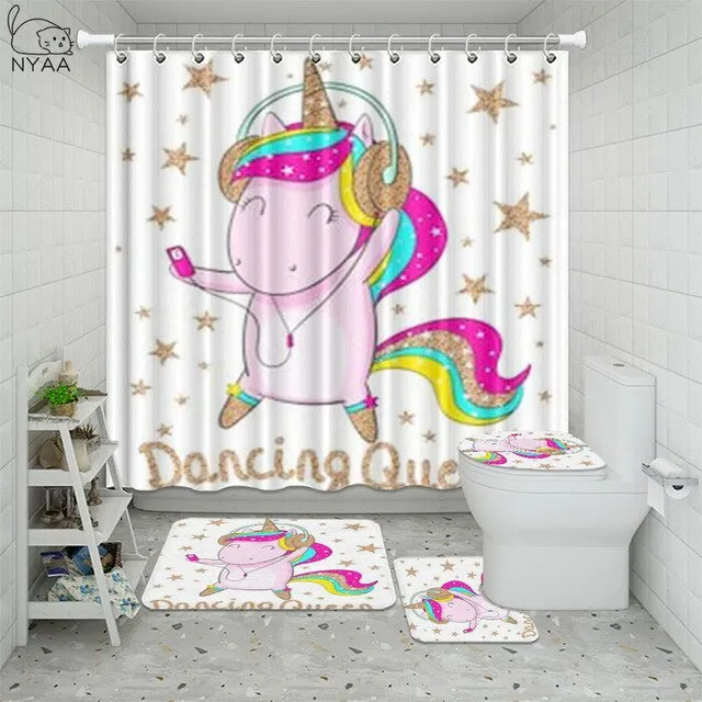 4Pcs/Set Unicorn Golden Mane Flower Wreath Anti Slip Bathroom Rugs Set Waterproof Shower Curtain Mats Toilet Cover Bath Decor