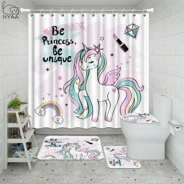 4Pcs/Set Unicorn Golden Mane Flower Wreath Anti Slip Bathroom Rugs Set Waterproof Shower Curtain Mats Toilet Cover Bath Decor