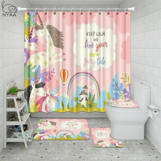 4Pcs/Set Unicorn Golden Mane Flower Wreath Anti Slip Bathroom Rugs Set Waterproof Shower Curtain Mats Toilet Cover Bath Decor