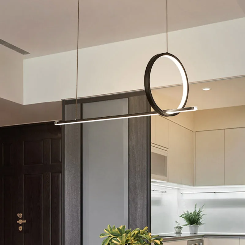 Black Metal LED Linear Pendant and Ring Island Light for Kitchen Ceiling