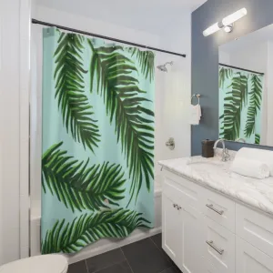 Blue Green Palm Shower Curtains, Tropical Tree Leaf Large Bathroom Decor- Printed in USA