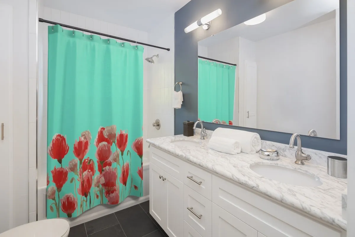 Blue Red Poppy Shower Curtains, Flower Floral Print Best Bathroom Decor-Printed in USA