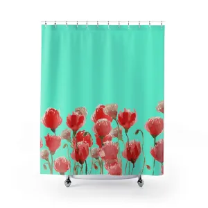 Blue Red Poppy Shower Curtains, Flower Floral Print Best Bathroom Decor-Printed in USA