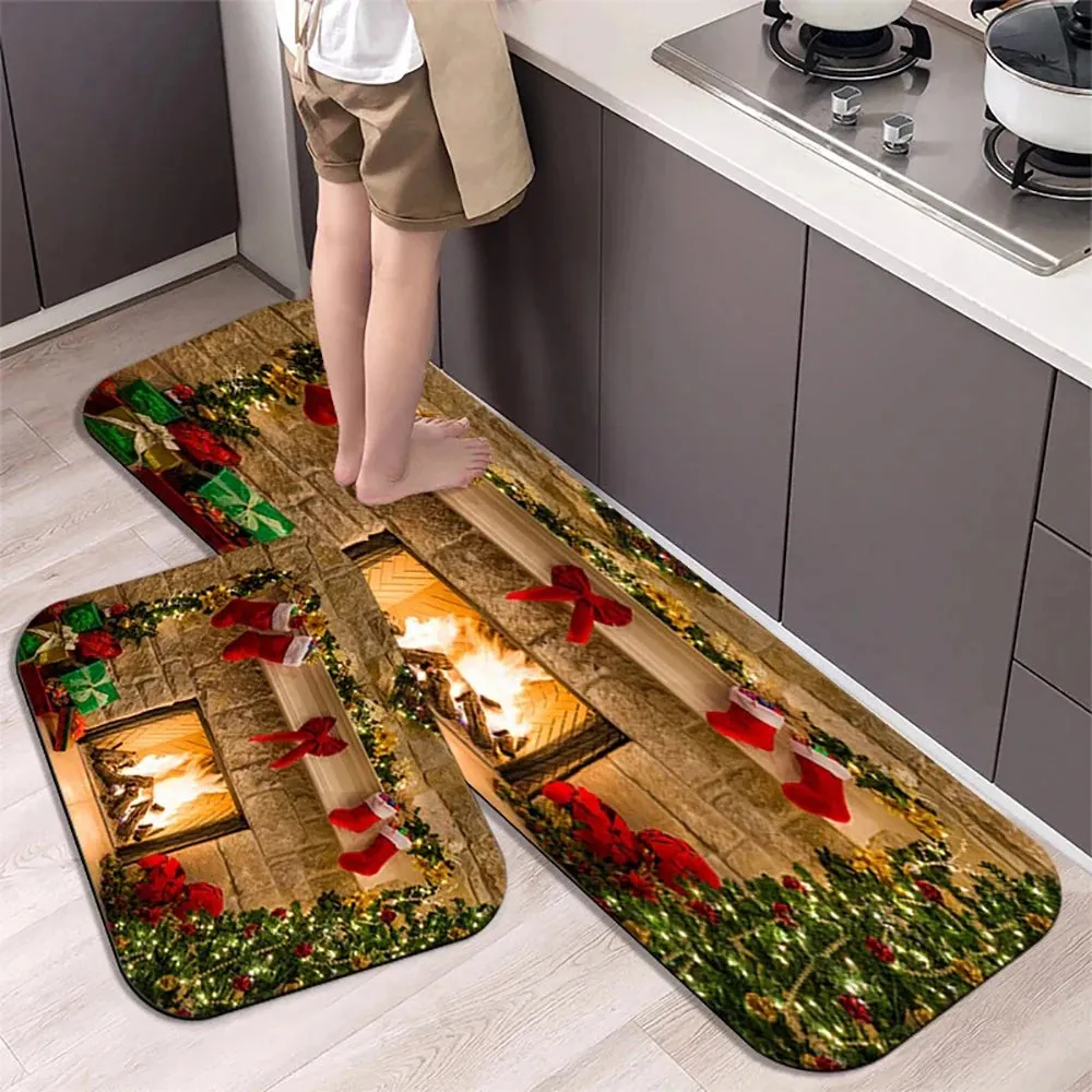 Christmas Kitchen Floor Mat Party Decoration Hallway Entrance Doormat Washable Kitchen Rugs for Living Room Bedroom Home Decor