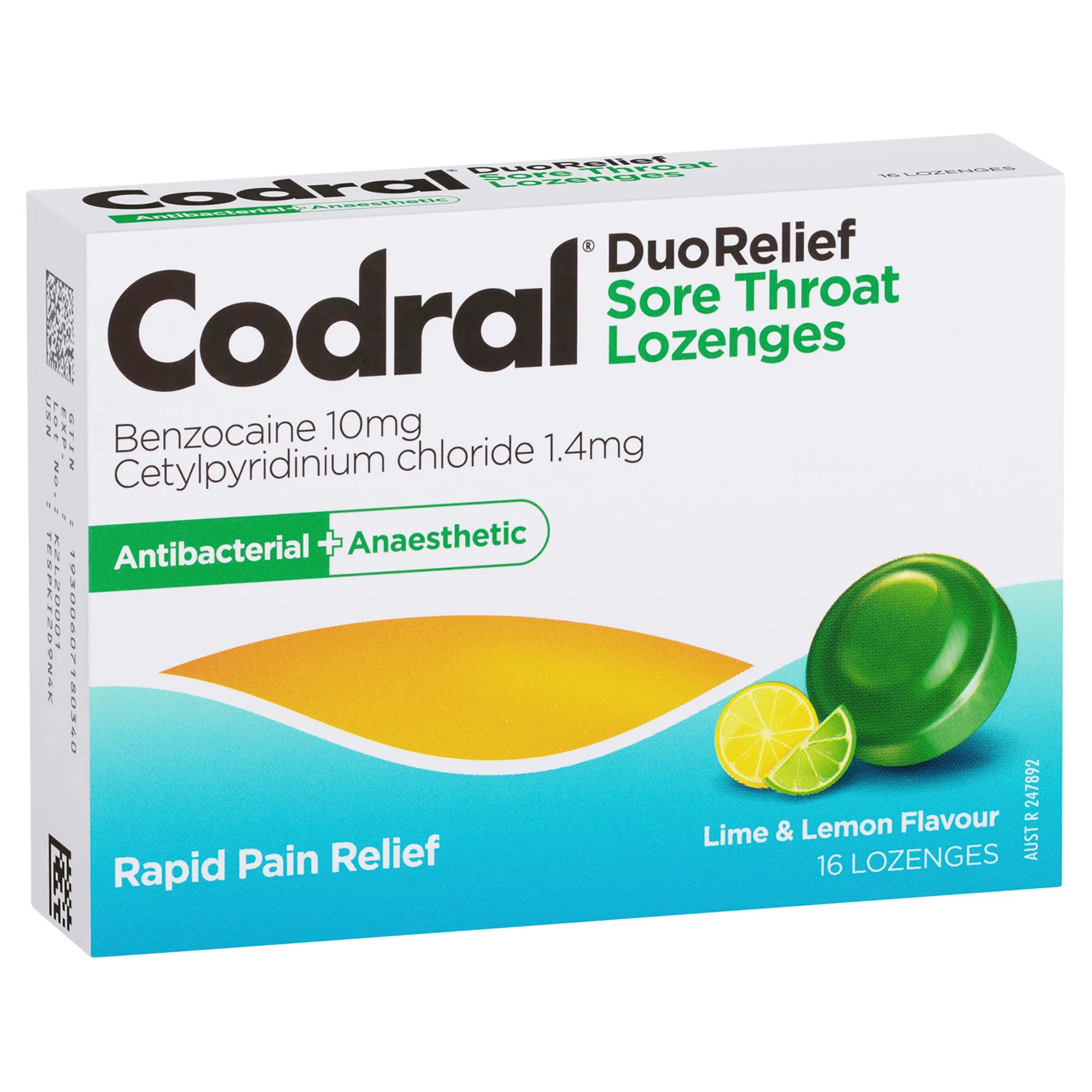 Codral Duo Relief Sore Throat Lozenges Antibacterial   Anaesthetic Lime & Lemon 16 Pack