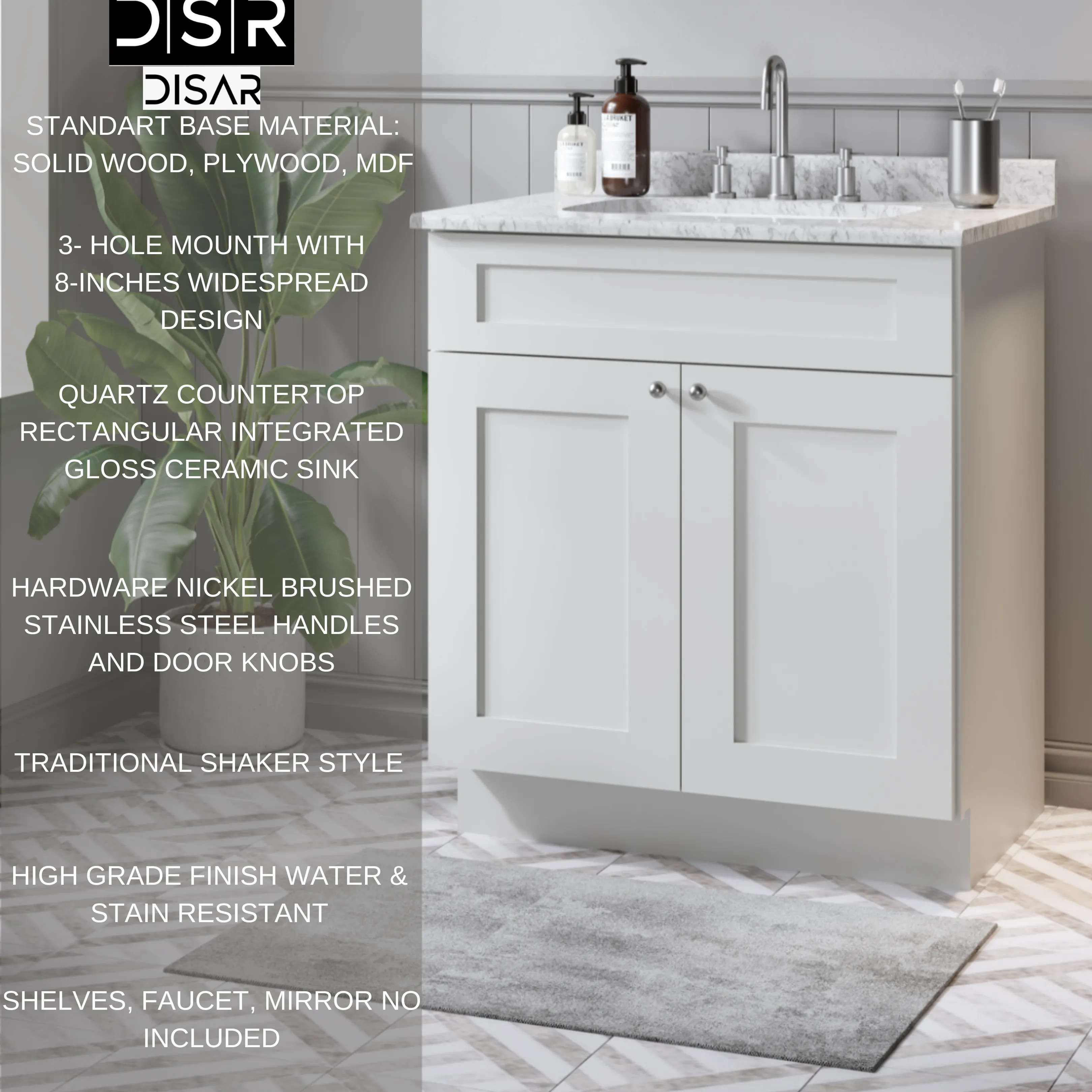 Disar 30 Inch Bathroom Vanity White Single Sink