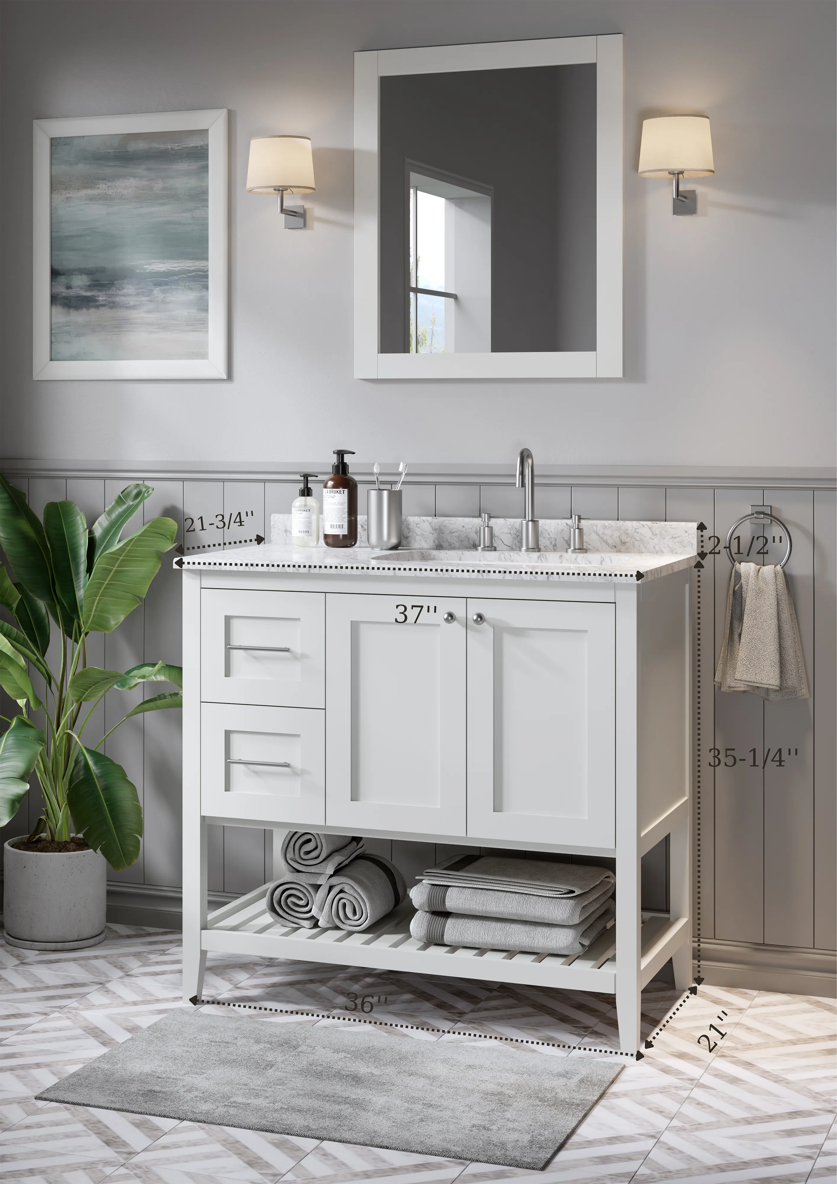 Disar 36'' White Bathroom Vanity Cabinet with Modern Squared Legs and Left Drawers