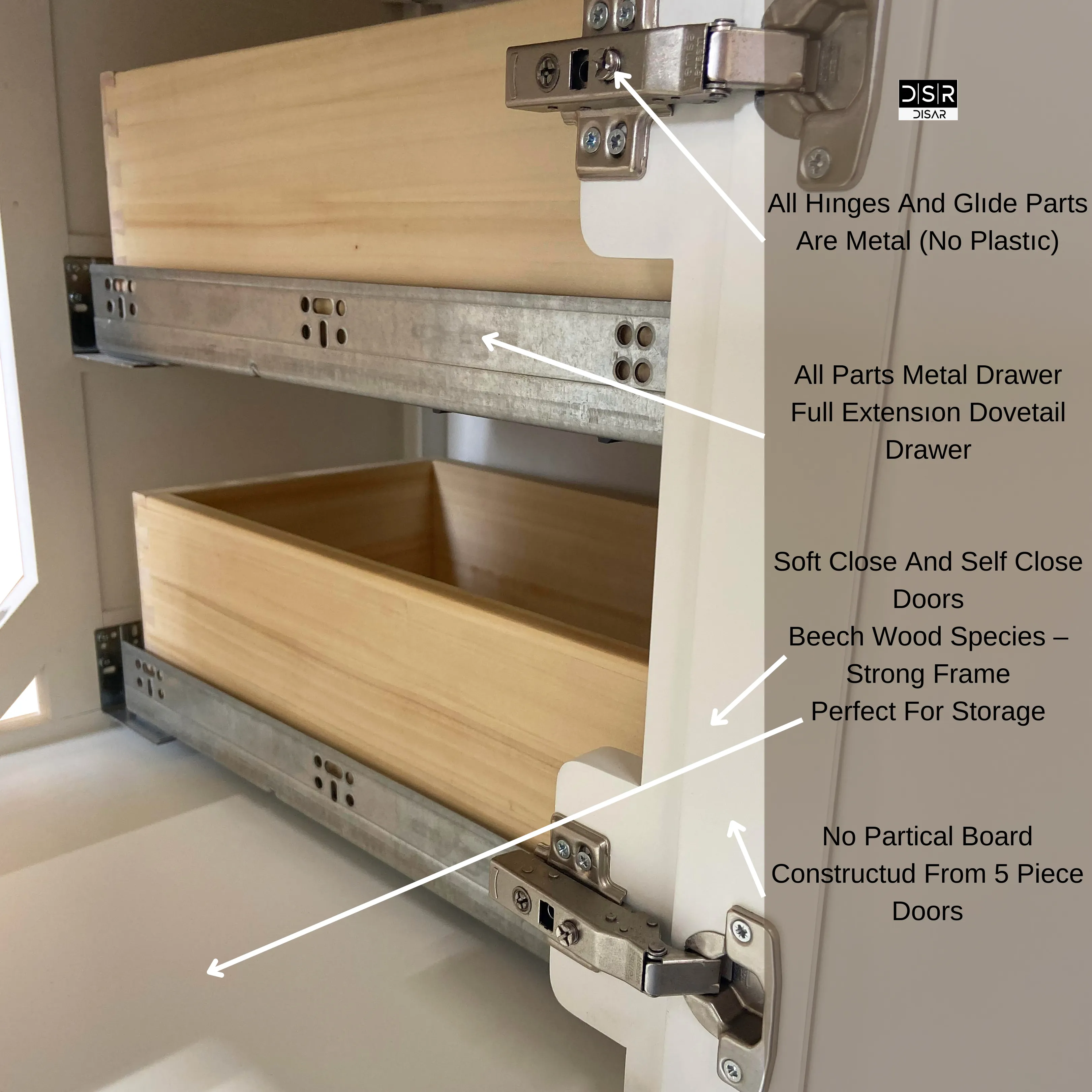 Disar 36'' White Bathroom Vanity Cabinet with Modern Squared Legs and Right Drawers