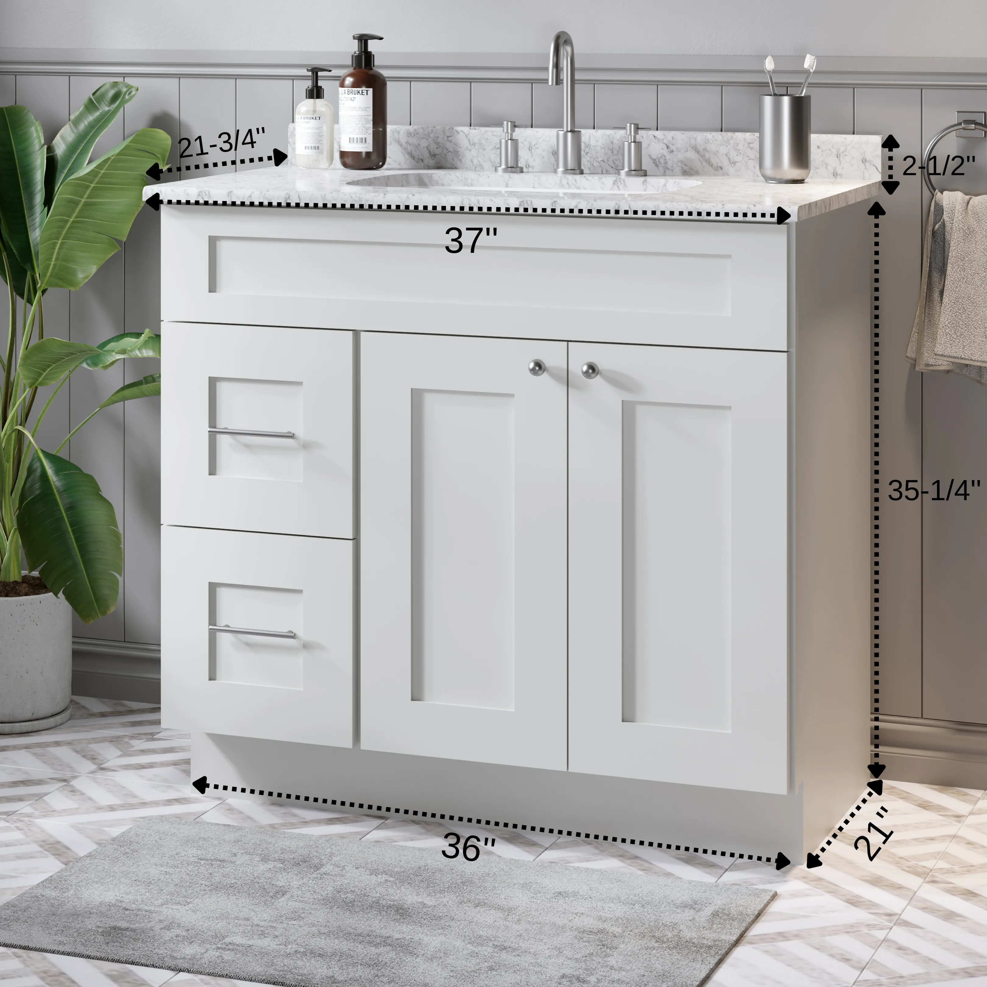 Disar 36'' White Bathroom Vanity with Calacatta Quartz Top and Left Drawers