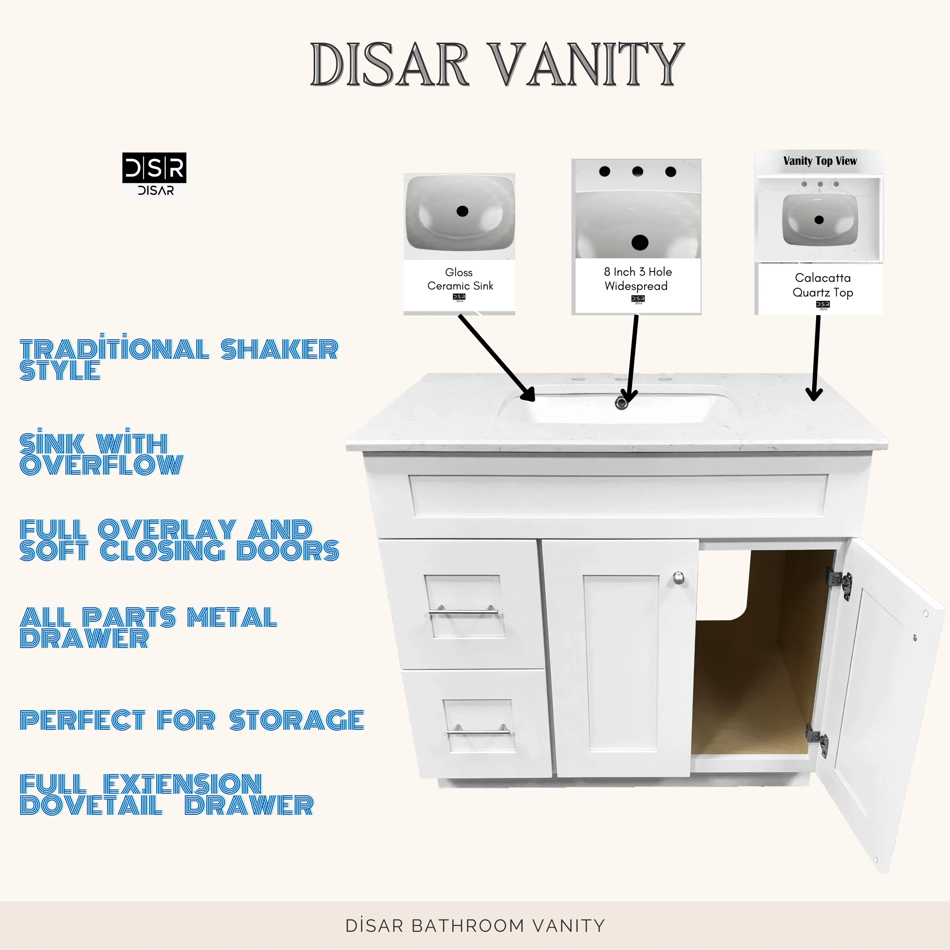 Disar 36'' White Bathroom Vanity with Calacatta Quartz Top and Left Drawers