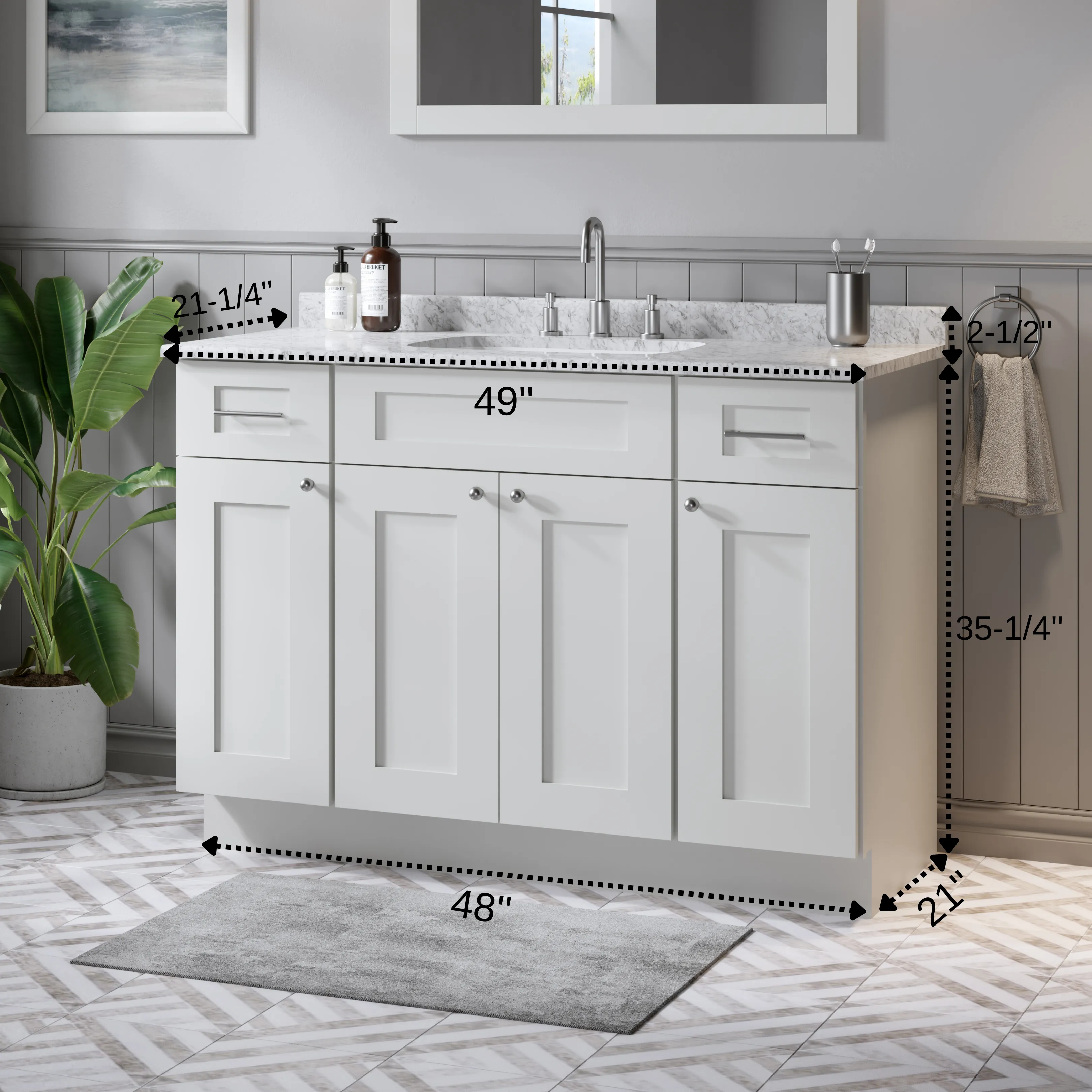 Disar 48'' White Bathroom Vanity with Calacatta Quartz Top