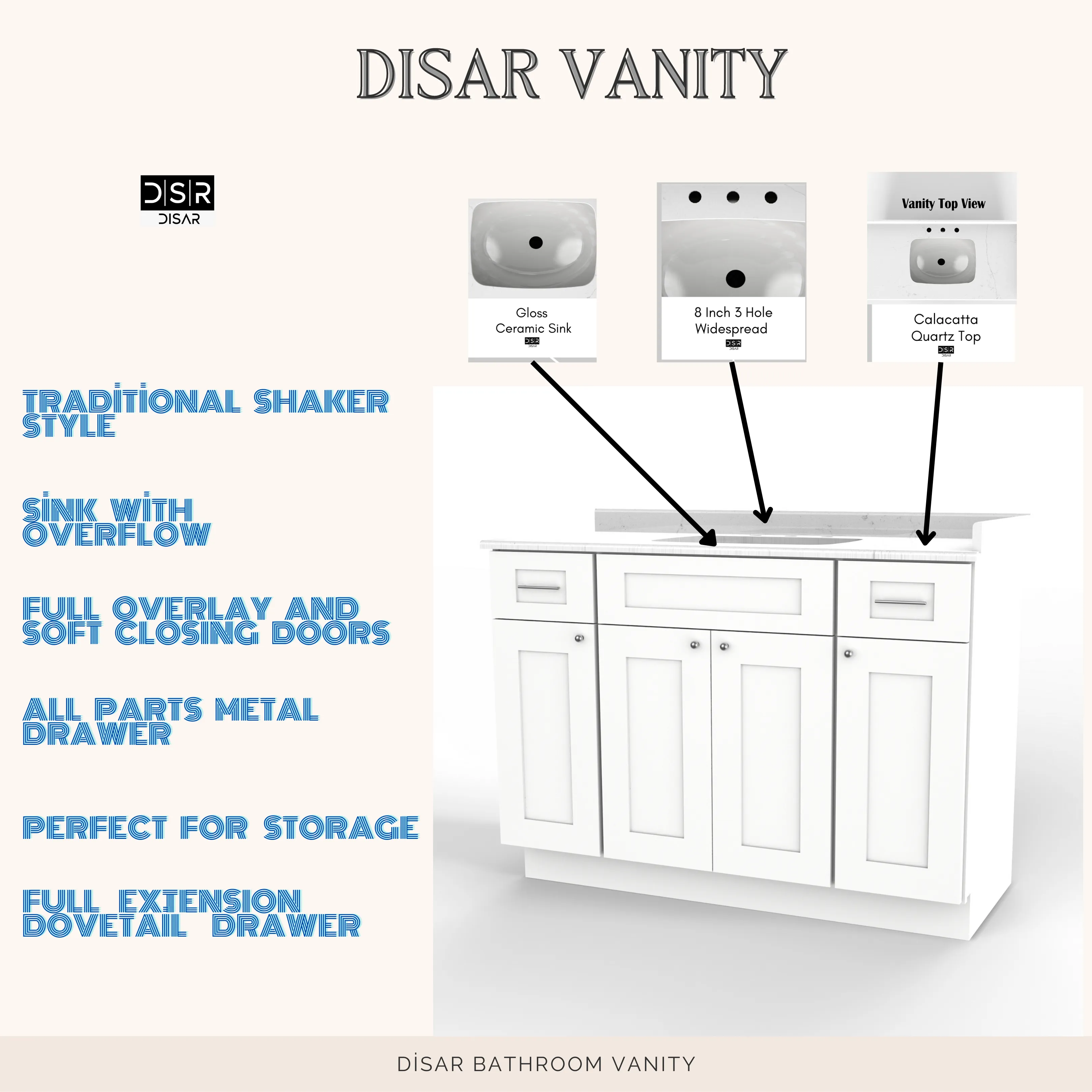 Disar 48'' White Bathroom Vanity with Calacatta Quartz Top