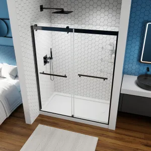 ExRoll 56"-60" Width x 74" Height Shower Sliding Glass,Clear Tempered Glass,Matte Black,Horizontal Handle,Smooth Door Closing