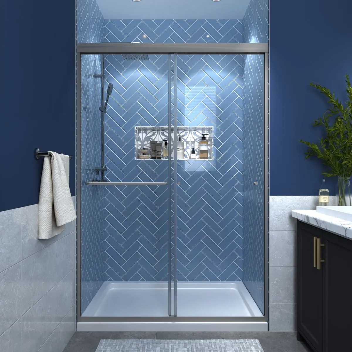 Glide 44-48" Wide x 70" Sliding Glass Shower Doors Frame in Nickel,Clear Tempered Glass