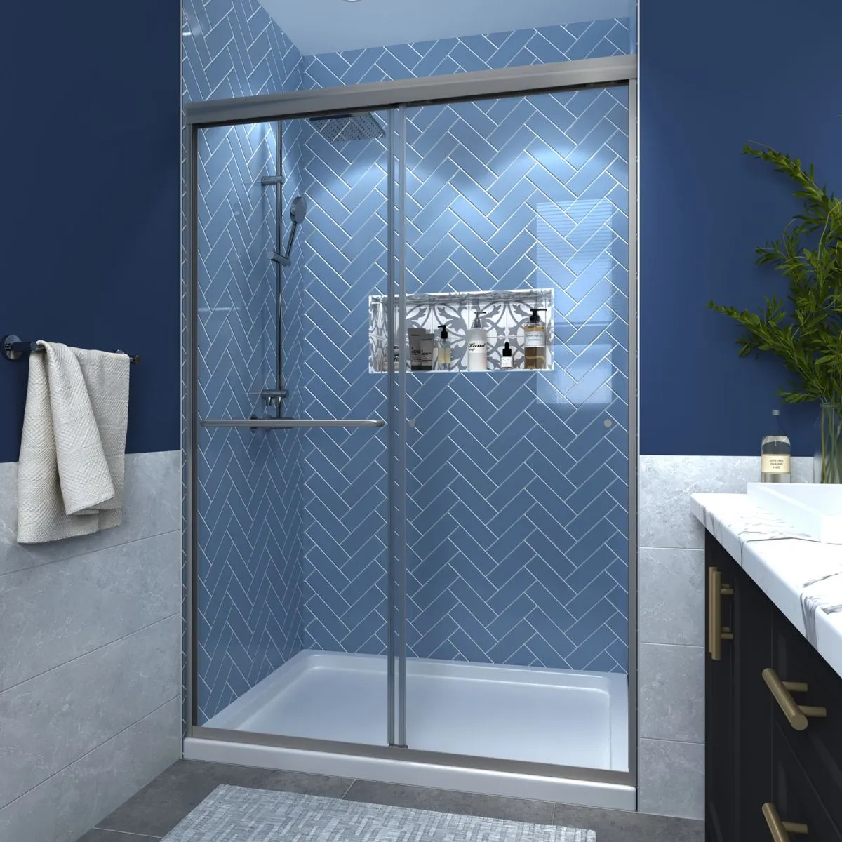 Glide 44-48" Wide x 70" Sliding Glass Shower Doors Frame in Nickel,Clear Tempered Glass