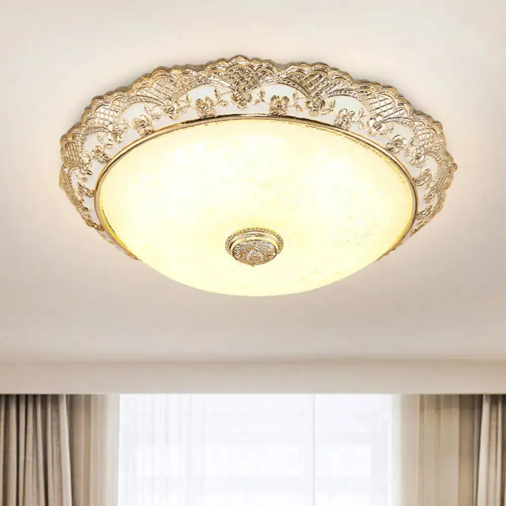 Gold LED Flush Mount Ceiling Light with Traditional Cream Glass Dome Design – Perfect for Bedroom – 12"/16"/19.5" Width