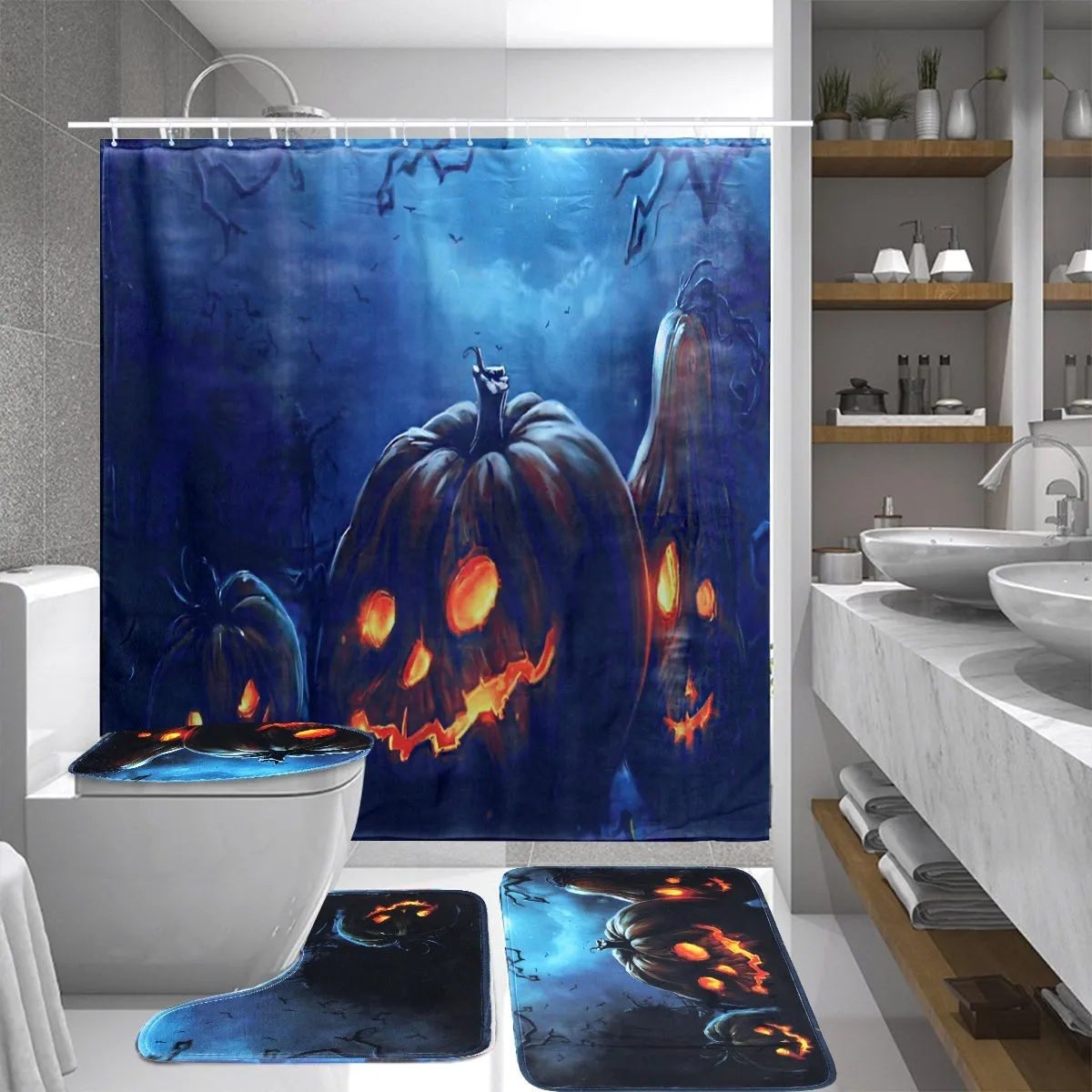 Halloween Style Bathroom Decor Pumpkin Dead Tree Print  Polyester Shower Curtain /Non-Slip Bath Mat Toilet Rugs