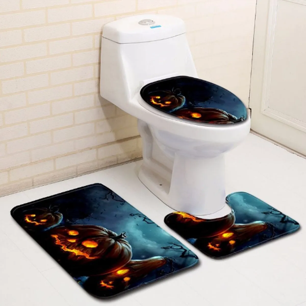 Halloween Style Bathroom Decor Pumpkin Dead Tree Print  Polyester Shower Curtain /Non-Slip Bath Mat Toilet Rugs