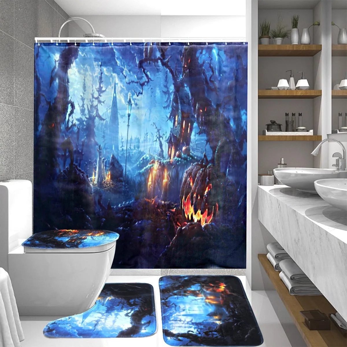 Halloween Style Bathroom Decor Pumpkin Dead Tree Print  Polyester Shower Curtain /Non-Slip Bath Mat Toilet Rugs