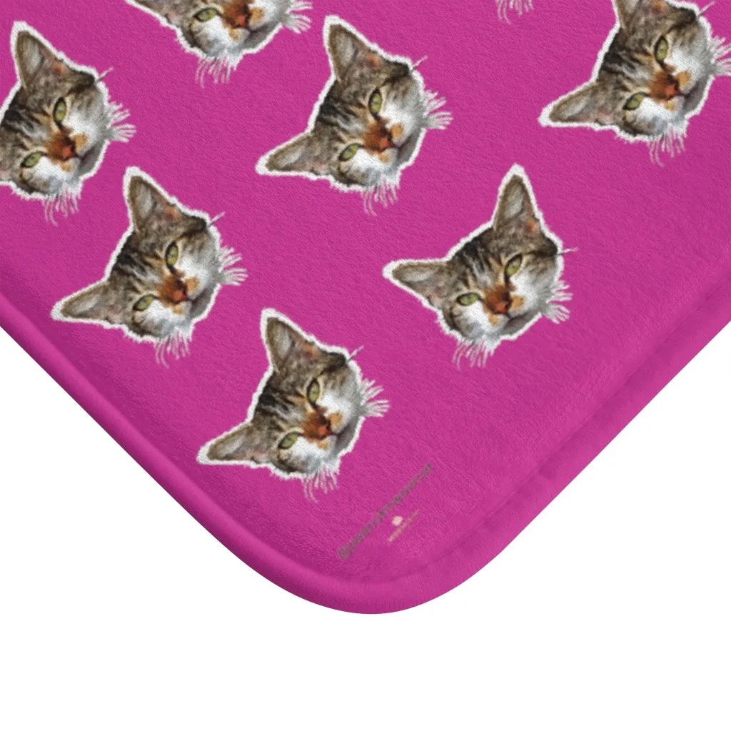 Hot Pink Cat Print Bath Mat, Premium Soft Microfiber Fine Bathroom Rug- Printed in USA