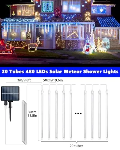 iBaycon Solar Meteor Shower Rain Lights, 11.8 inches 20 Tubes 480 LED Cascading LED Icicle Lights, Waterproof Solar icecycle Lights with Timer for Holiday Party Wedding Christmas Decorations