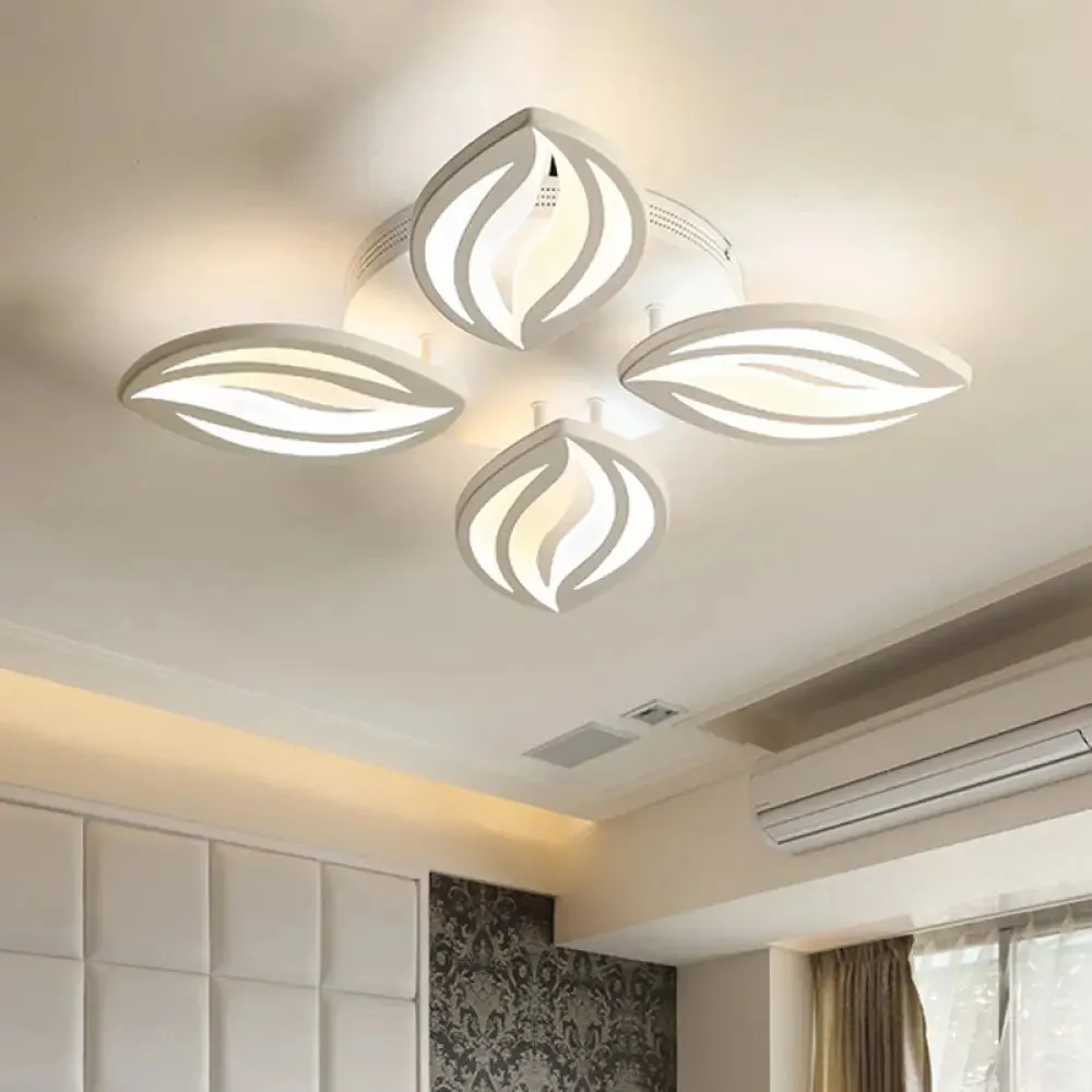 LED Bedroom Ceiling Light - 4/6 Lights Flush Mount Fixture with Leaf Acrylic Shade - White