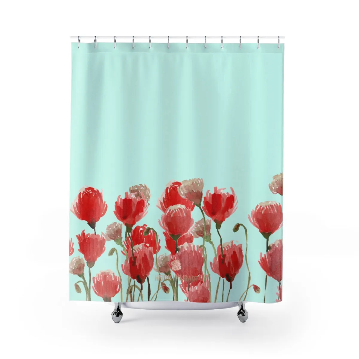 Light Blue Red Poppy Shower Curtains, Flower Floral Print Bath Curtains- Printed in USA