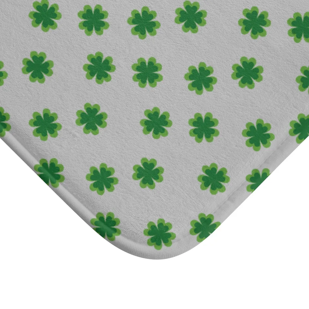 Light Gray Clover Bath Mat, Green Clover Print St. Patrick's Day Bathroom Premium Bath Mat- Printed in USA